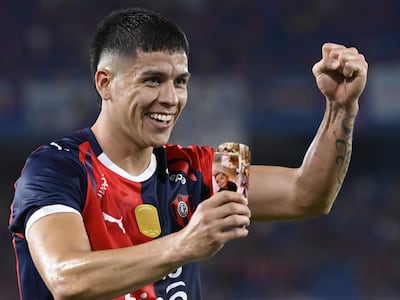 El paraguayo Matías Pérez, futbolista de Cerro Porteño, festeja un gol en el partido frente a Recoleta FC por la fecha 8 del torneo Apertura 2026 de la Primera División de Paraguay en el estadio La Nueva Olla, en Asunción, Paraguay.