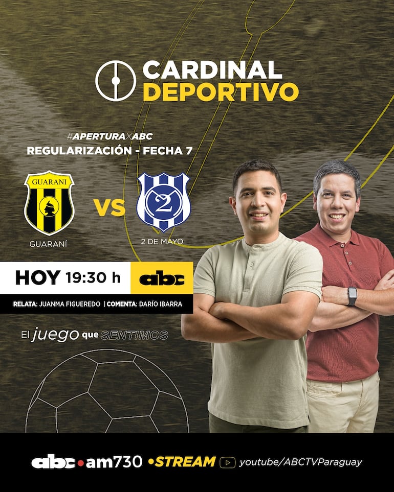 Guaraní vs. 2 de Mayo, la regularización del torneo Apertura 2026 por ABC Cardinal y ABC Paraguay en Youtube.
