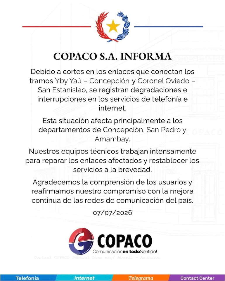 Comunicado oficial de COPACO S.A. con texto informativo sobre interrupciones en servicios de telecomunicaciones.