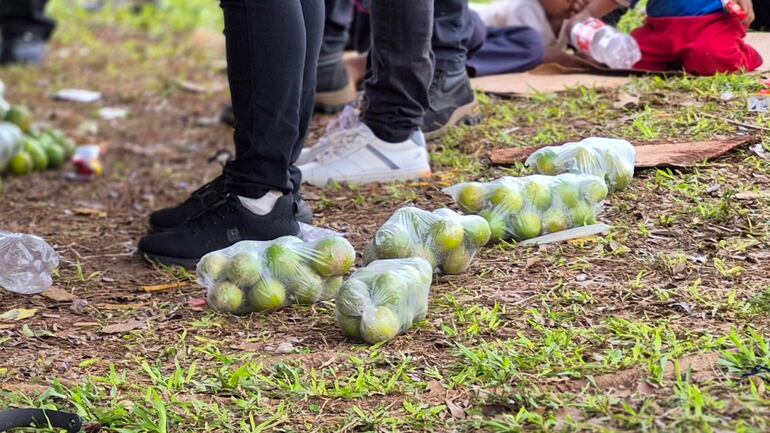 Bolsas de limones en el suelo sobre hierba y tierra, con pies de varias personas visibles en un contexto de venta.