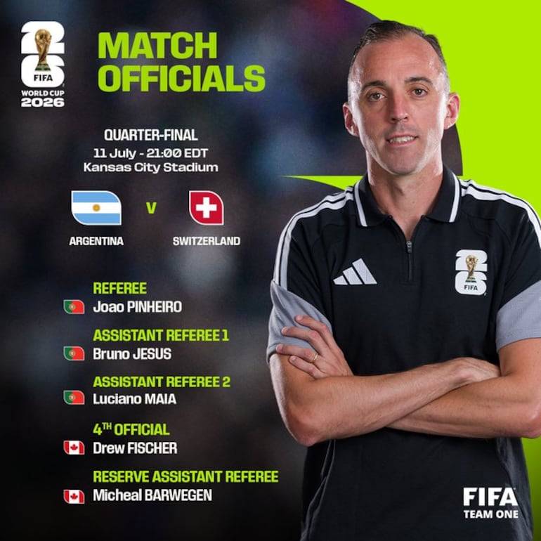El equipo arbitral que estará presente en el duelo entre Argentina y Suiza, que estará encabezado por el portugués João Pedro Pinheiro.