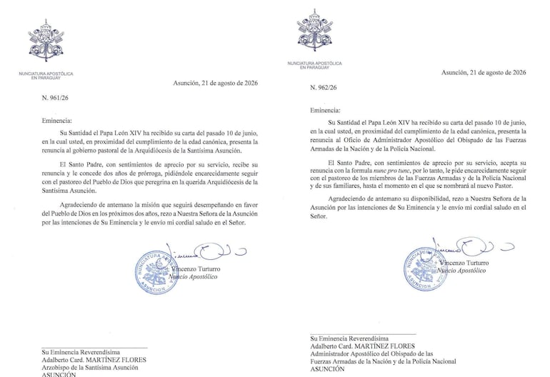 Carta oficial de la Nunciatura Apostólica con sellos y firmas, informando sobre renuncias en un entorno institucional.