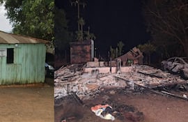 Restos de edificación en ruinas y automóvil quemado, con una estructura intacta al fondo en zona rural.