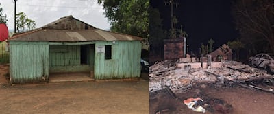 Restos de edificación en ruinas y automóvil quemado, con una estructura intacta al fondo en zona rural.