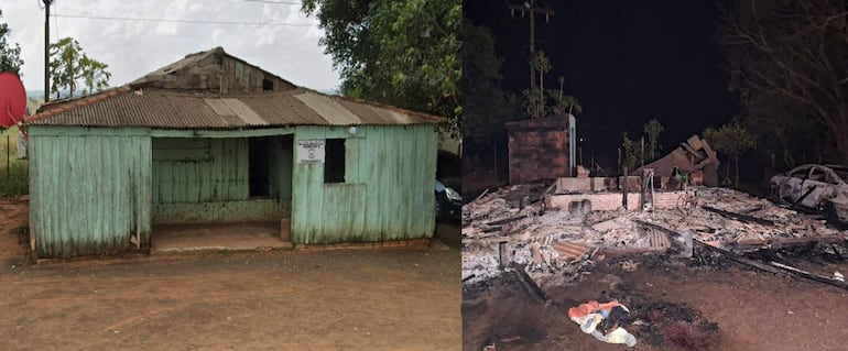 Restos de edificación en ruinas y automóvil quemado, con una estructura intacta al fondo en zona rural.