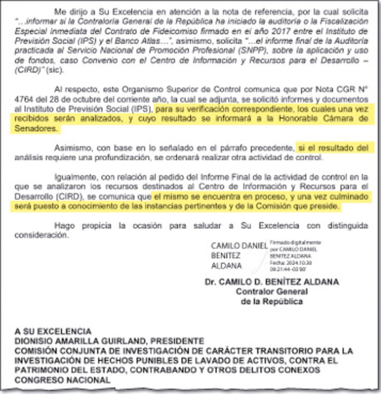 Respuesta de la CGR y en la cual sutilmente le da a entender a la CBI que la dejen hacer su trabajo.