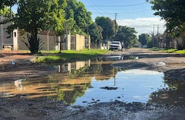 Dos personas de pie conversan al lado de un charco en una calle con baches y vegetación, con un auto estacionado al fondo.