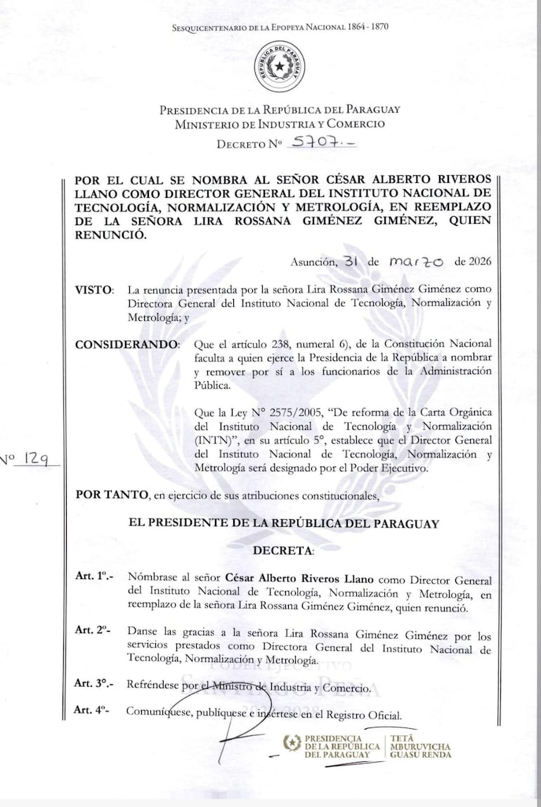 Decreto presidencial del nombramiento de César Riveros como nuevo director del Instituto Nacional de Tecnología, Normalización y Meteorología