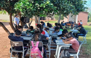 Estudiantes dan clases bajo árboles en San Pedro.