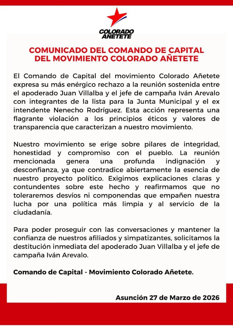 Comunicado del Comando Capital de Colorado Añeteté dirigido a Arnaldo Samaniego por polémica reunión de allegados con Óscar Nenecho Rodríguez.