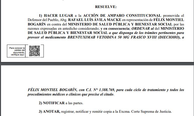 Amparo Judicial presentado por la Defensoría del Pueblo que obliga a la cartera sanitaria a proveer del costoso medicamento oncológico.