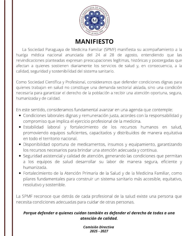 Documento del manifiesto de la Sociedad Paraguaya de Medicina Familiar, con texto sobre la huelga médica nacional.