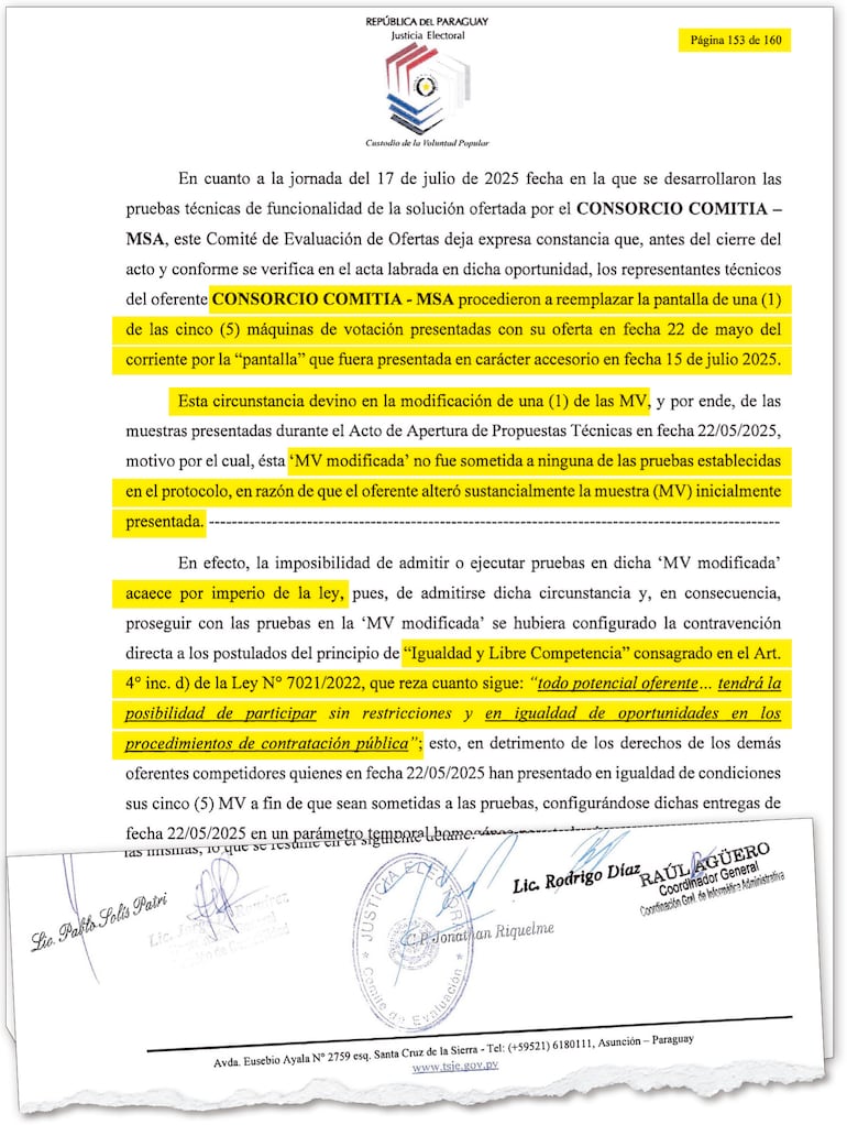 La página 153 del informe de evaluación del TSJE que fue transcripta por los funcionarios de la Dirección General de Asuntos Jurídicos de la DNCP en su dictamen del 16 de abril pasado.