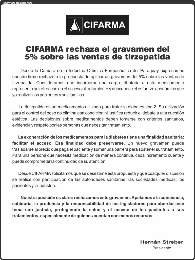 CIFARMA rechaza el gravamen del 5% sobre las ventas de tirzepatida.