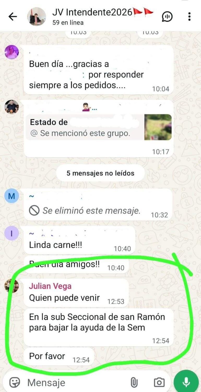 Chat de WhatsApp con mensajes de organización comunitaria por JV Intendente2026, sin personas visibles.