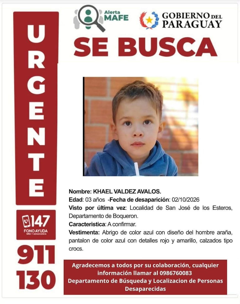 Cartel de búsqueda con foto de Khael Valdez, niño de 3 años, en abrigo azul con detalles rojos y amarillos.