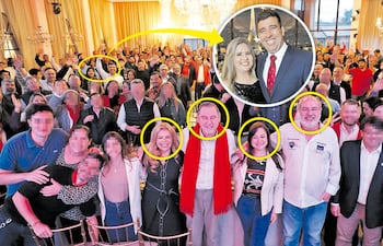En junio de 2025, José Maciel Ullón (izquierda al fondo) asistió a un mitín político en el marco del cumpleaños del senador Javier Zacarías Irún. En la foto también aparecen Sandra McLeod, la senadora cartista Rocío Abed y el actual titular de la Itaipú Binacional lado paraguayo, Justo Zacarías Irún.