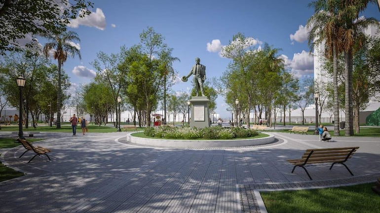 Hombres y mujeres caminan por la plaza con un monumento central, rodeados de áreas verdes y bancos.