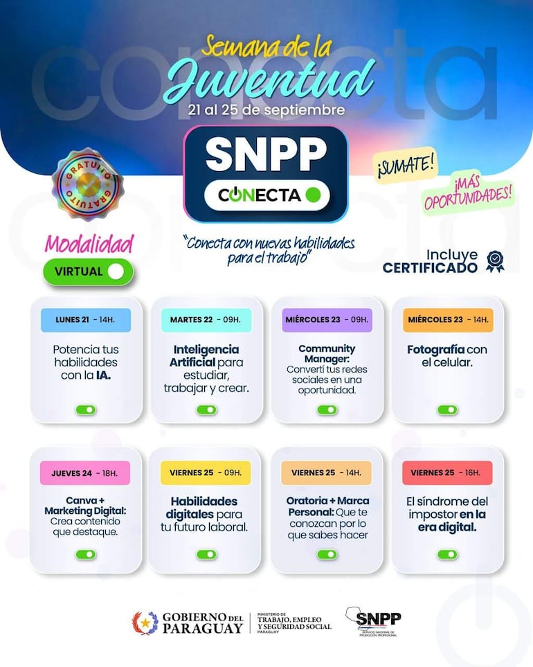 “SNPP Conecta”: invitan a talleres virtuales gratuitos por la Semana de la Juventud