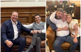 Camilo Pérez con chaqueta oscura y Horacio Cartes en camisa blanca sonríen junto a Óscar Rodríguez y Lizarella Valiente en sofás.