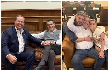 Camilo Pérez con chaqueta oscura y Horacio Cartes en camisa blanca sonríen junto a Óscar Rodríguez y Lizarella Valiente en sofás.