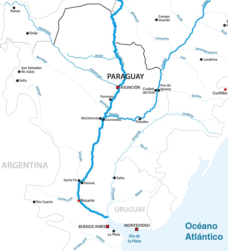 Mapa hídrico regional con los principales puntos clave que conforman y cruzan la Hidrovía Paraguay-Paraná.