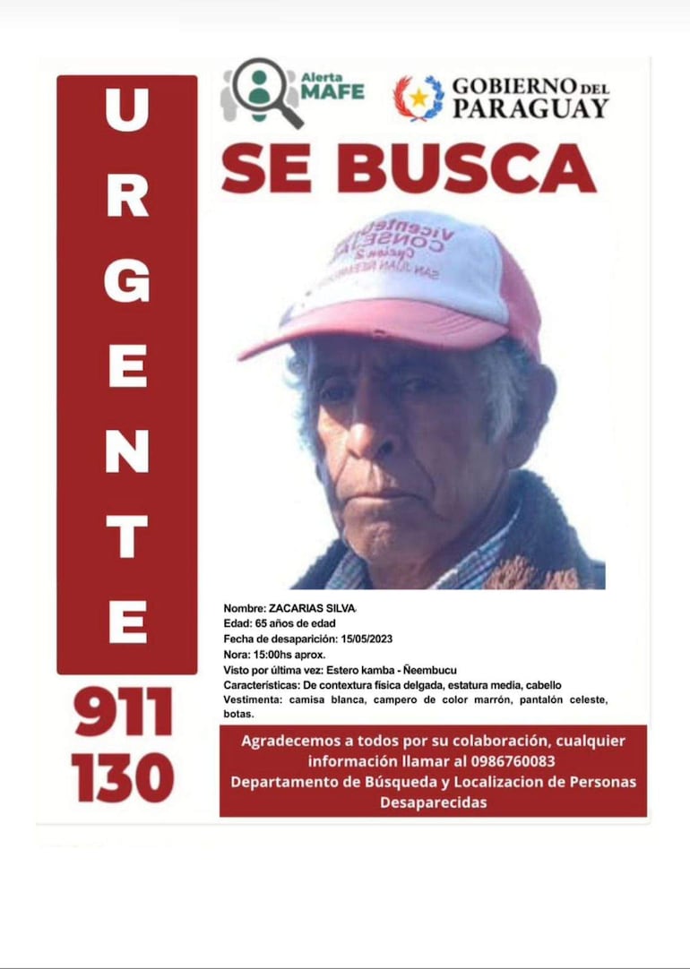 Cartel de búsqueda con el nombre Zacarías Silva, datos y descripción de su vestimenta y contacto.