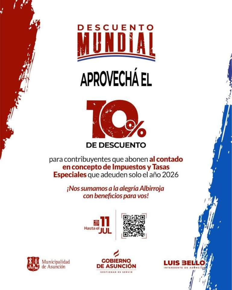 Anuncio promocional con texto sobre descuento de impuestos, colores rojo y azul en fondo blanco, sin personas visibles.