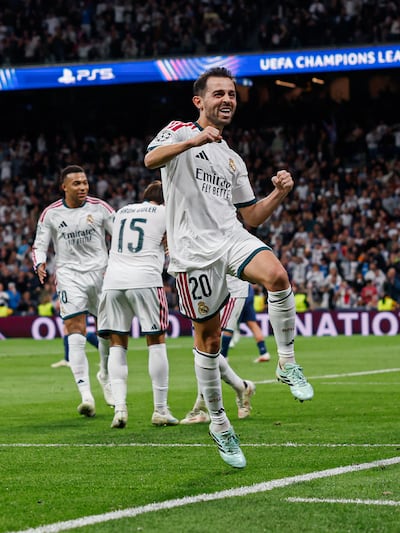 El portugués Bernardo Silva sale a celebrar el tanto de apertura en el marcador a favor de Real Madrid sobre Leipzig, en lo que representó el bautismo de gol del luso con la camiseta merengue.