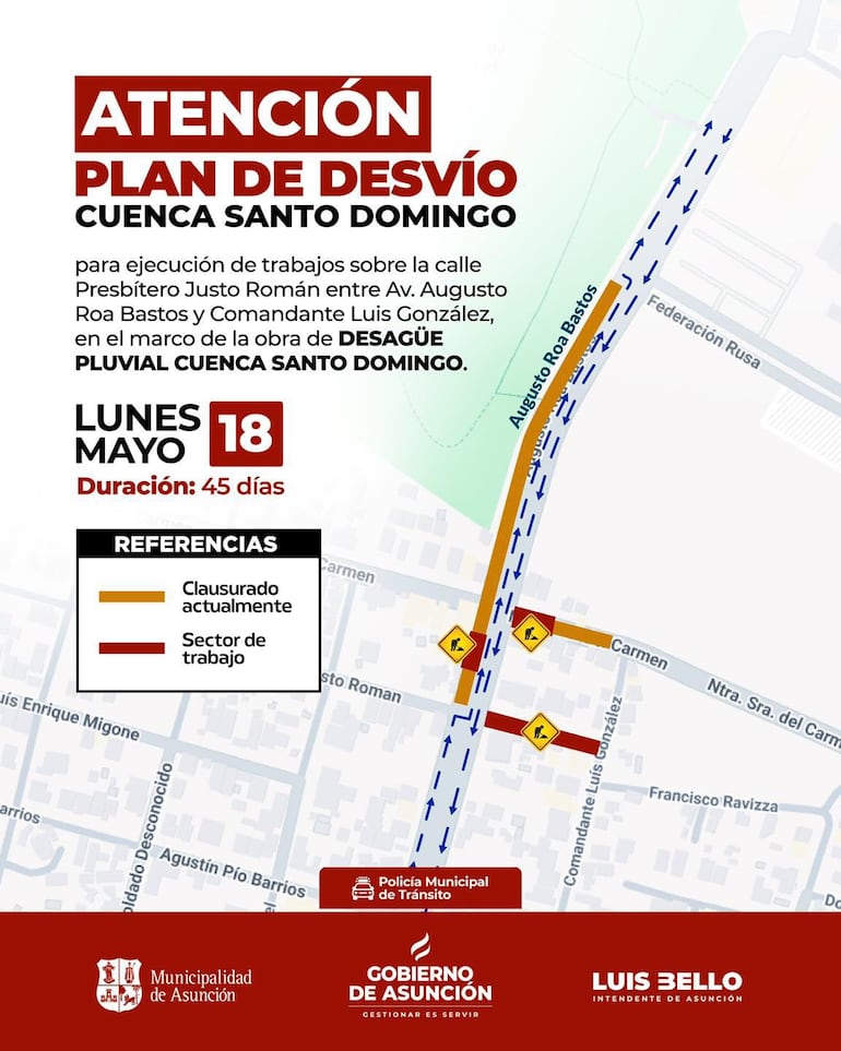 Mapa del desvío comunicado por la Municipalidad de Asunción.