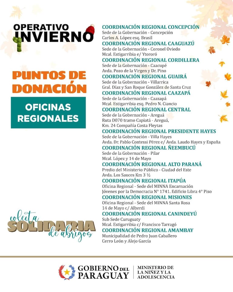 Documento informativo del Minna sobre puntos de donación en diversas regiones de Paraguay para la colecta de abrigo.