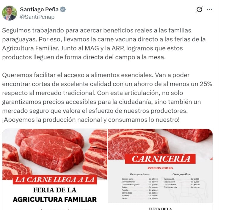 Tweet de Santiago Peña promocionando precios especiales de cortes de carne. La propuesta fue duramente cuestionada por los internautas.