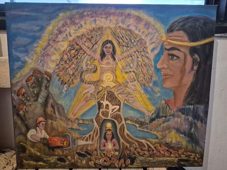 Obra de arte abstracta con figuras humanas, simbolizando trabajo y naturaleza en un paisaje natural.