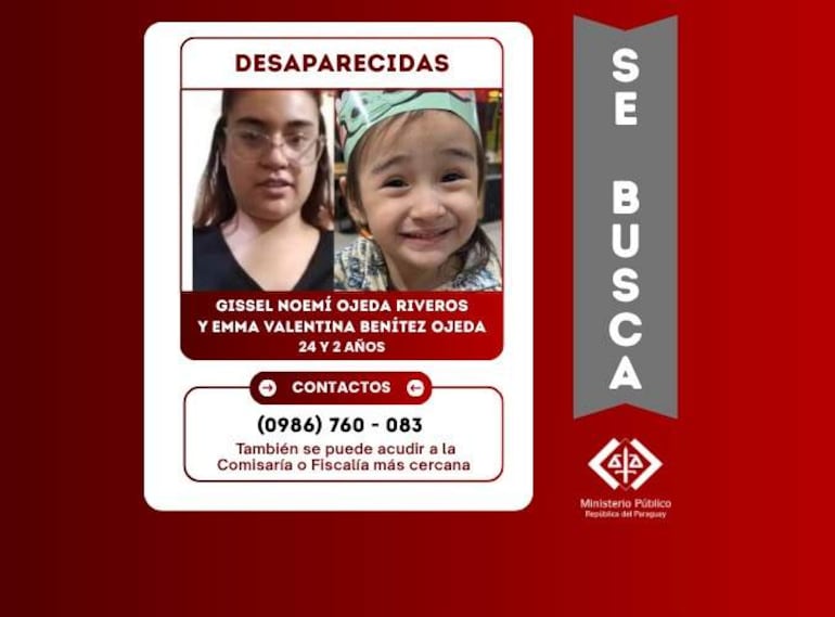 Cartel rojo con texto blanco y gris que busca a Gisell Noemí Ojeda y Emma Valentina Benítez, incluyendo fotos de ambas.