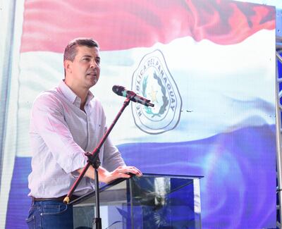 El presidente Santiago Peña durante su discurso en la inauguración de la empresa multinacional en Ciudad del Este.