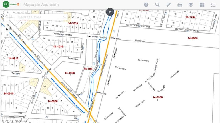 Mapa de Asunción mostrando la nueva calle Koki Ruiz, con nombres de calles y avenidas en rojo y azul.