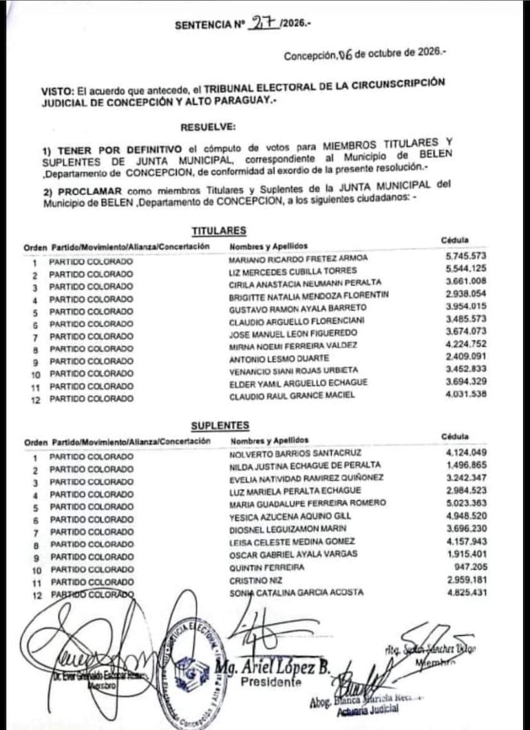 Documento oficial del Tribunal Electoral con texto sobre la proclamación de miembros de la Junta Municipal de Belén.