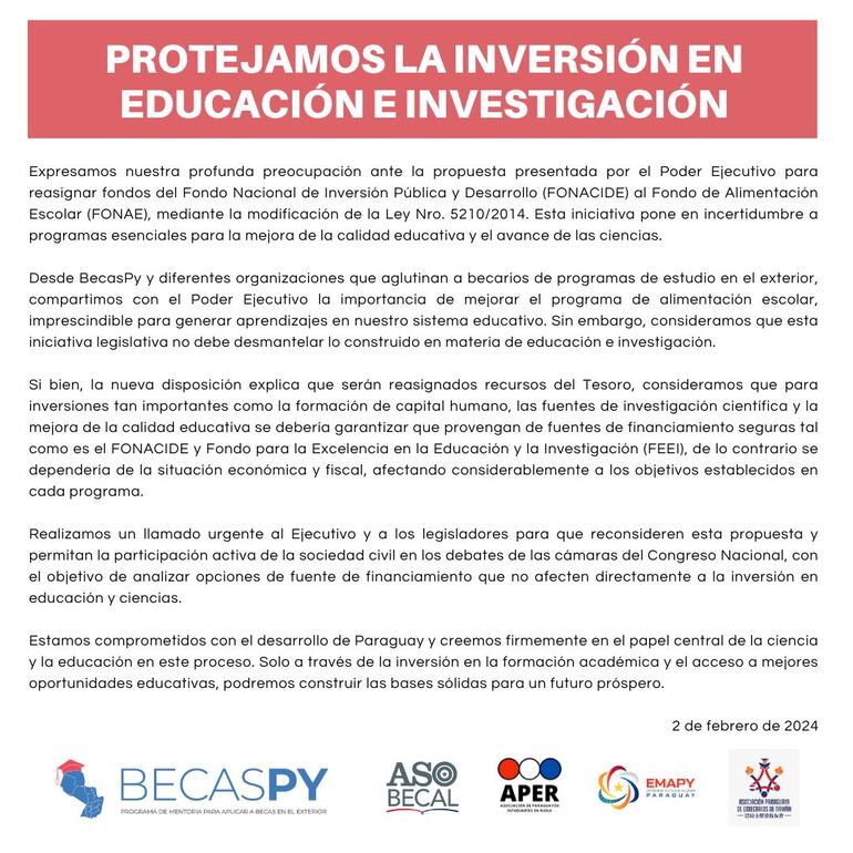 Comunicado de becarios sobre preocupación de que hambre cero deje sin fondos otros programas.