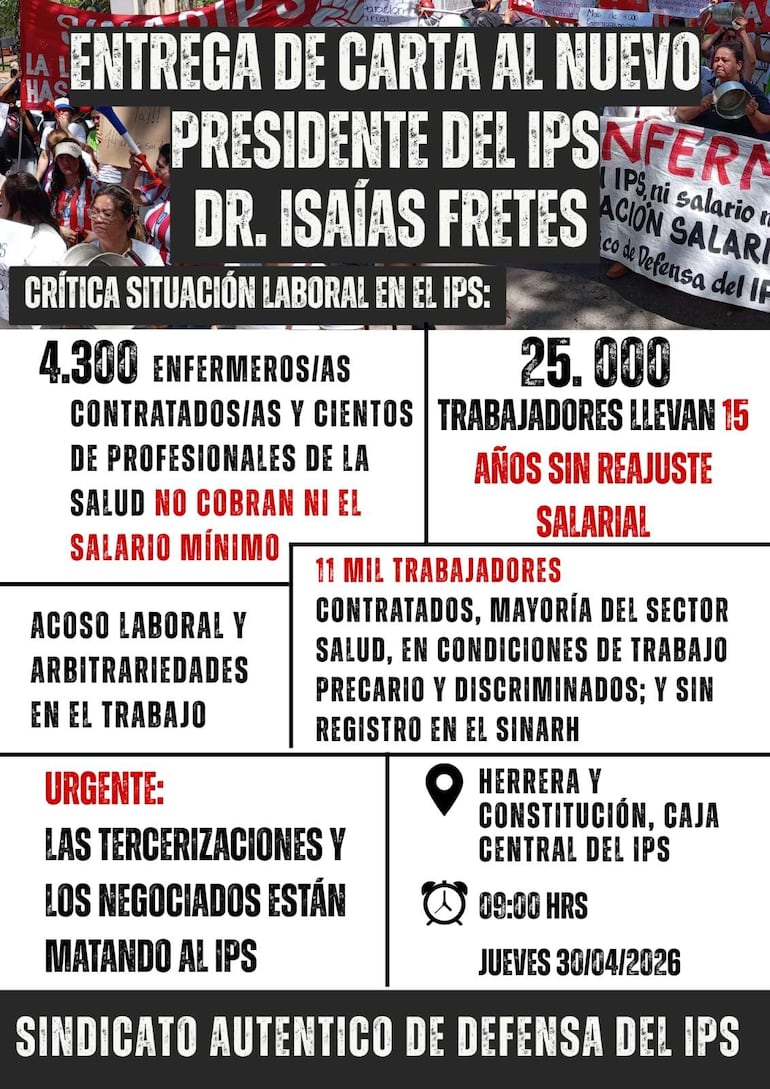 Grupo de trabajadores de la salud sosteniendo pancartas en protesta, con un ambiente diurno y urbano.
