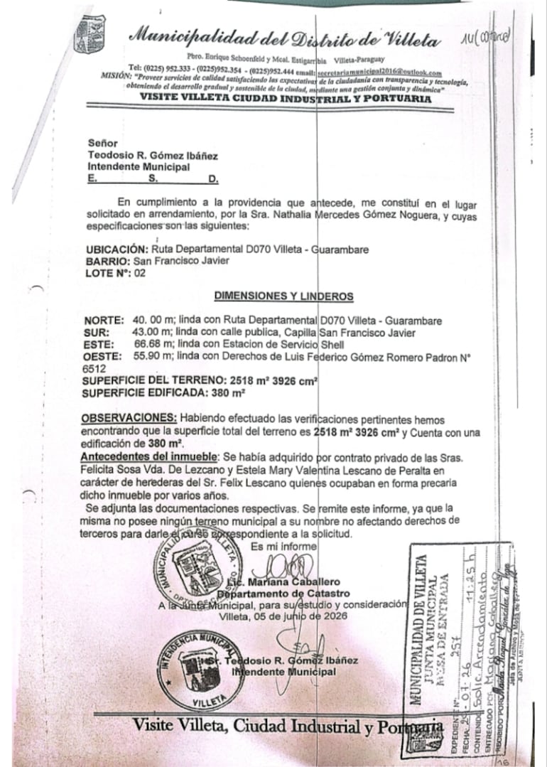 La solicitud de arrendamiento de un espacio rural, por parte de la hija del intendente de Villeta, Natalia Mercedes Gómez Noguera , causó revuelo en la Junta Municipal de la citada ciudad.
