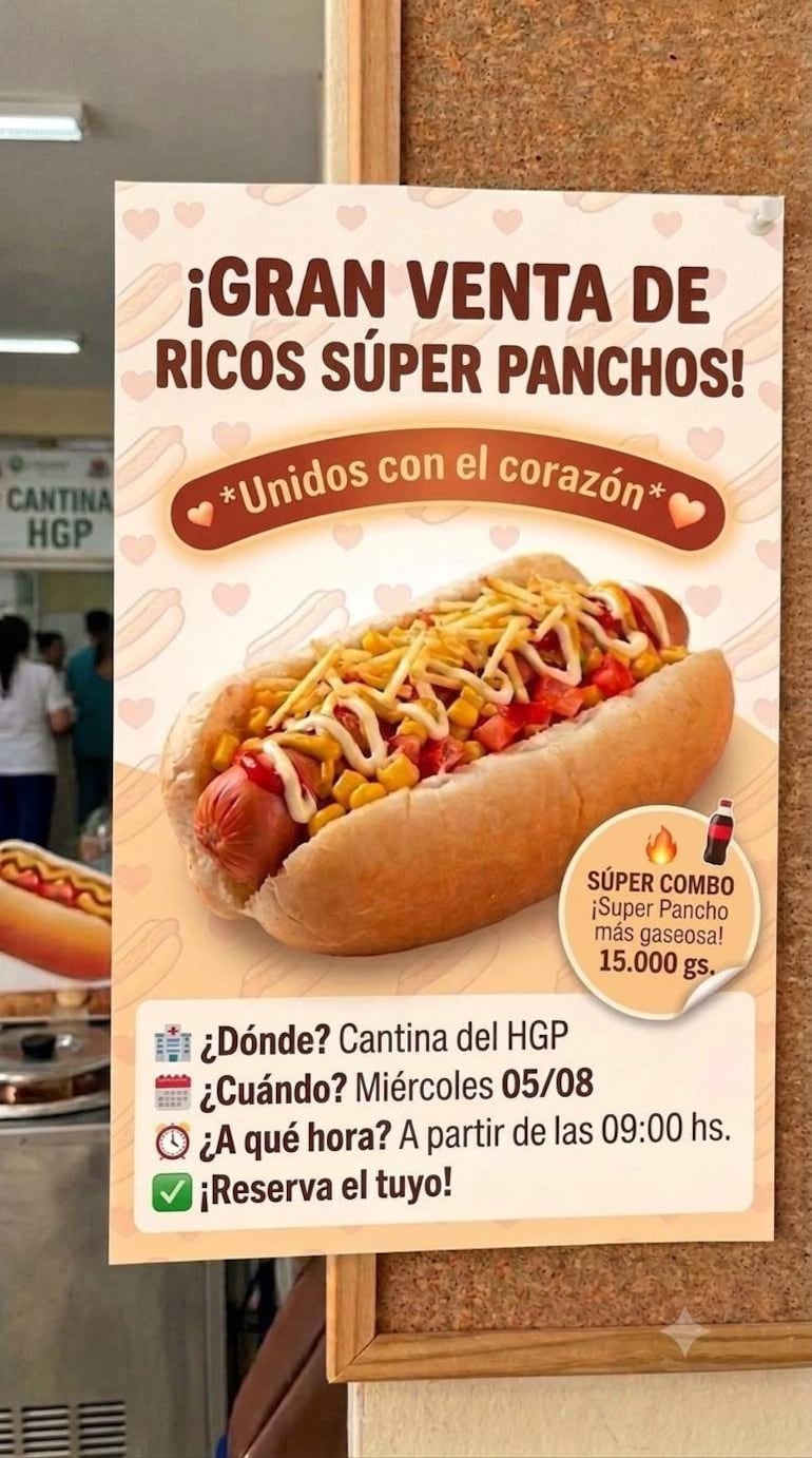 Cartel colorido anuncia venta de súper panchos en HGP, con detalles sobre precios y horarios.