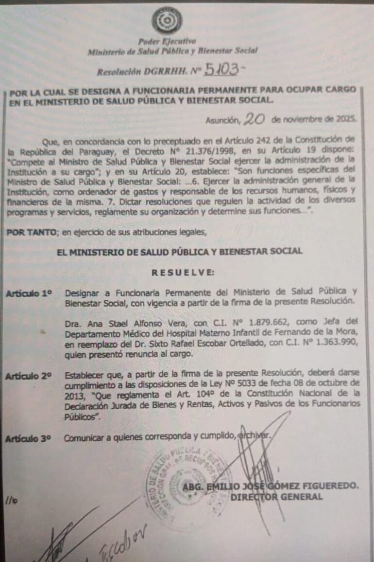 Resolución de nombramiento de la doctora Ana Stael Alfonso Decoud.