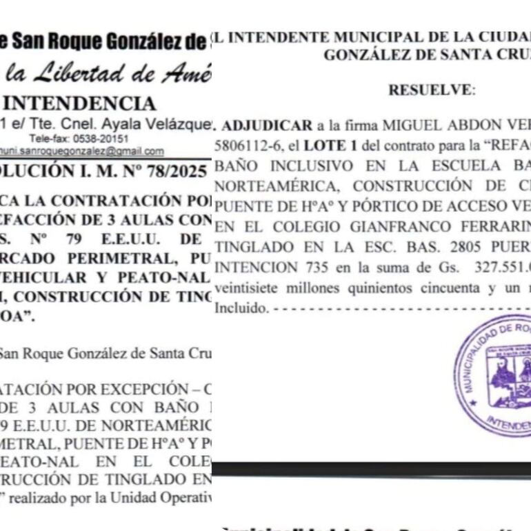 El contrato mediante el cual se adjudicó la obra a un socio comercial del intendente de San Roque González.