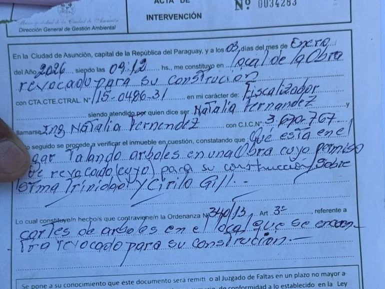 Acta de intevención del 3 de noviembre en la que se constató la tala irregular de árboles en el predio en Santísima Trinidad y Cirilo Gill.