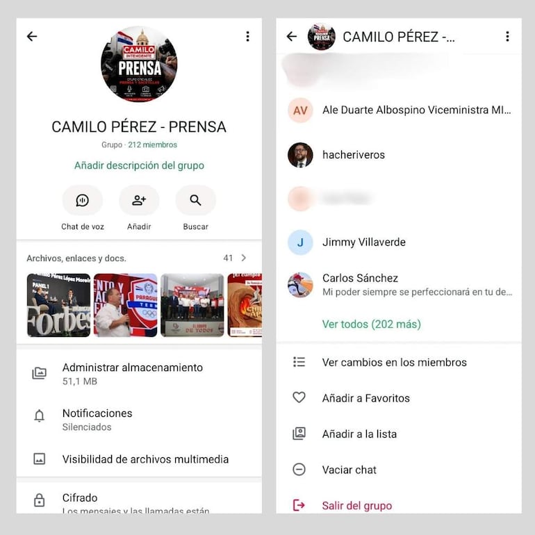 Captura de pantalla con el grupo de WhatsApp 'CAMILO PÉREZ - PRENSA' y detalles sobre conversaciones y miembros.