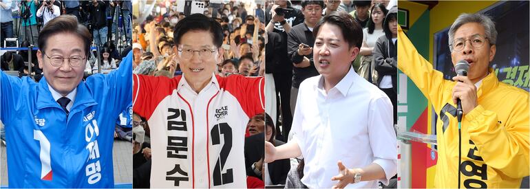 Los candidatos a presidentes de Corea del Sur:  Lee Jae-myung (1ro de la izq), Kim Moon-soo (2do de la der.), Lee Jun-seok y Kwon Young-kook (d).