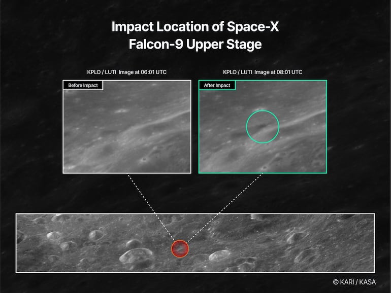 Danuri captó imágenes de la etapa superior del cohete Falcon 9 de SpaceX impactando contra la superficie de la Luna el 5 de agosto a las 15:34 (hora de Corea).
