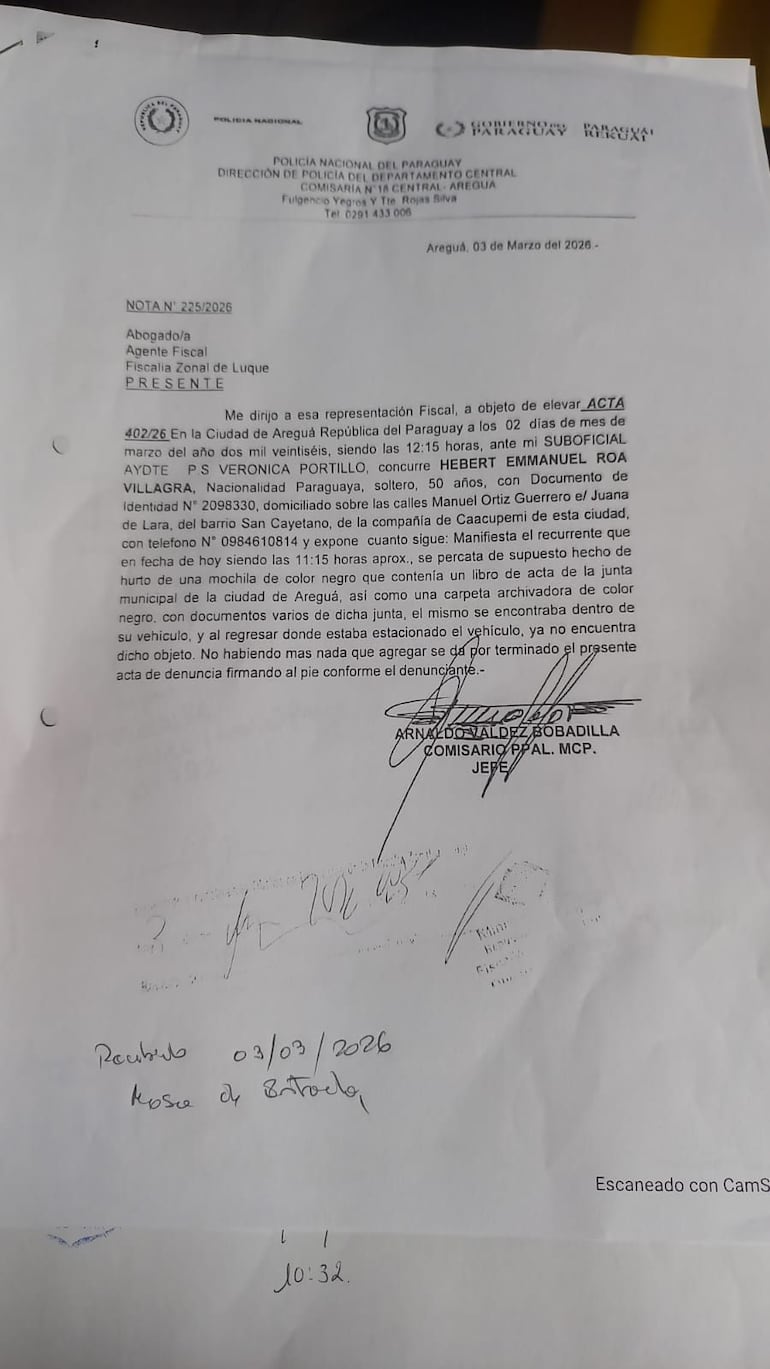 Escueta denuncia policial presentado por el concejal Hebert Roa.