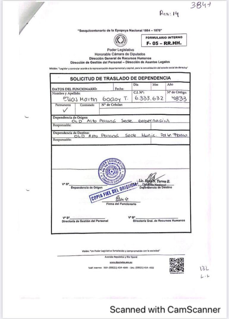 La diputada Roya Torres pidió el traslado de su hijo Elías Martín en la Municipalidad de Presidente Franco, donde el intendente es su marido Roque Godoy.