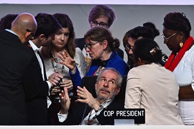 El presidente de la COP30, Andre Correa do Lago (c), participa en la sesión plenaria de la COP30 este sábado, en el Centro de Convenciones Hangar donde se realiza la COP30, en Belém (Brasil).